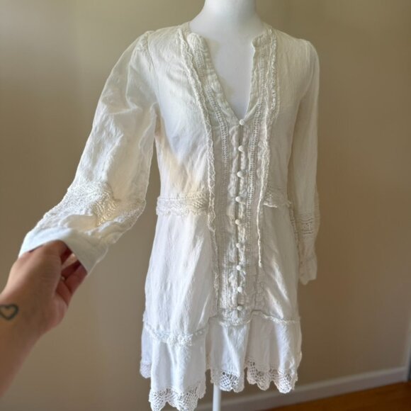Anthropologie Button Front Mini Dress Lace Boho Women's Long Sleeve Dress Medium - Picture 2 of 8